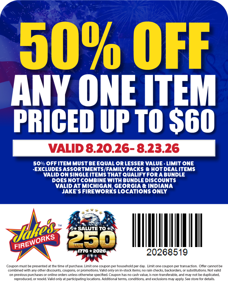 Coupon poster offering 50% off any one item up to , valid Aug 20–23, 2026, with barcode and Jake's Fireworks logos.