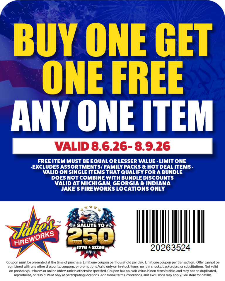 Buy one get one free on any item promotion, valid 8.6.26–8.9.26, with Jake's Fireworks branding and a barcode.