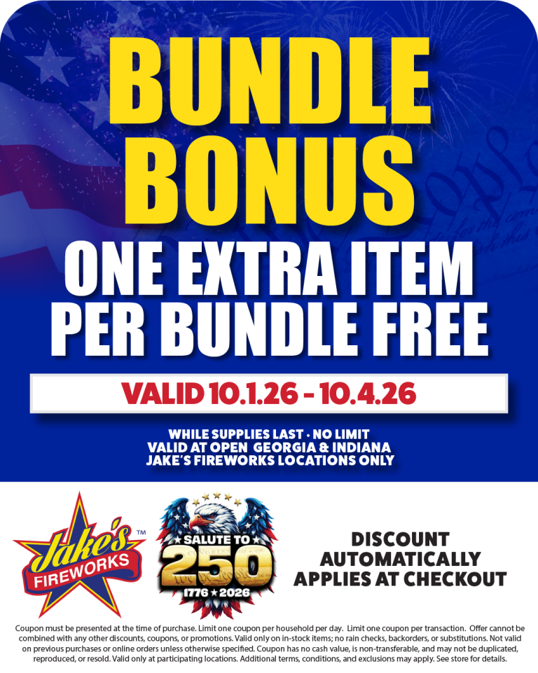 Promotional fireworks sale flyer: bold yellow 'Bundle Bonus' text, white 'One extra item per bundle free', date banner, and Jake's Fireworks logos.