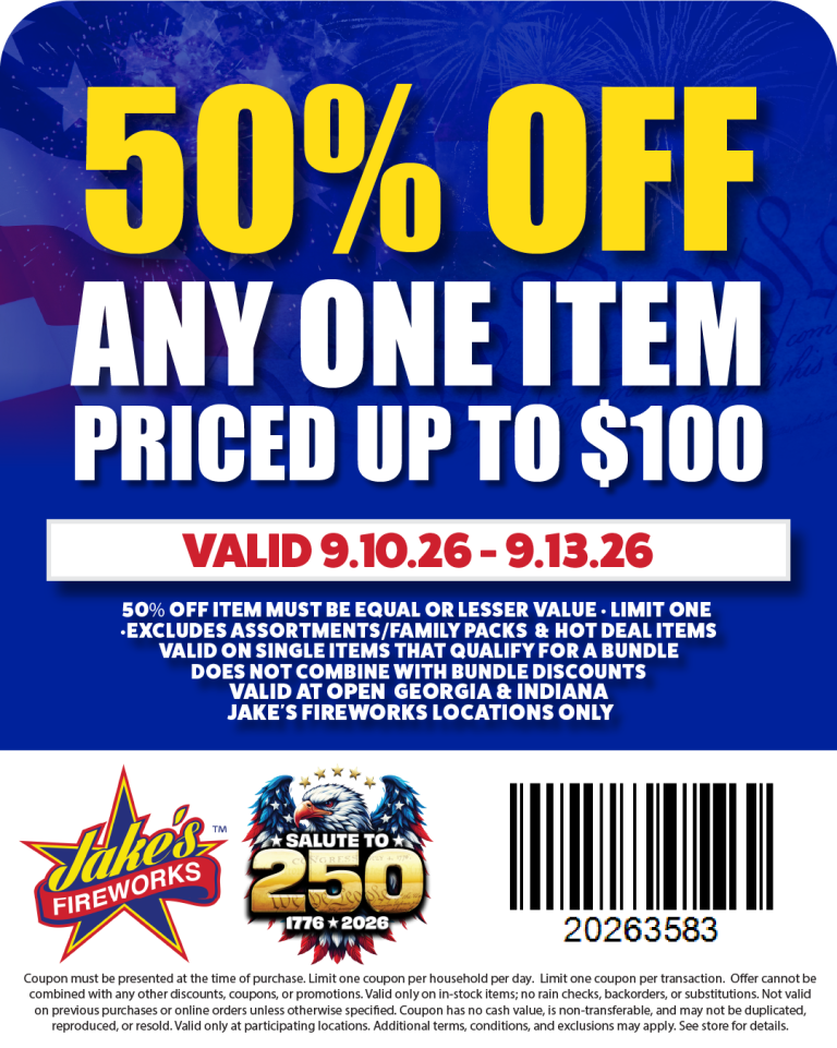 Coupon banner: 50% off any one item up to 0, valid 9/10–9/13/26, with barcode and Jake's Fireworks logos.
