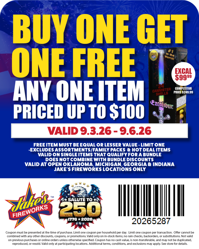 Promotional coupon: Buy one get one free on any item up to 0, valid 9/3/26–9/6/26 (Jake's Fireworks).