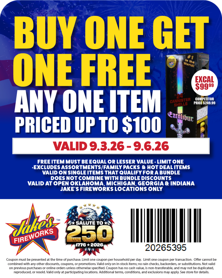 Promotional poster: 'Buy One Get One Free' on any item up to 0, valid 9/3/26–9/6/26, with fireworks imagery and store logos at bottom.